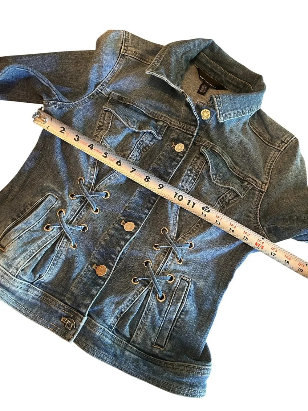 WHBM Women’s Denim Corset Pleated Poetcore Jacket with Lace-Up Waist - XS - Picture 11 of 16